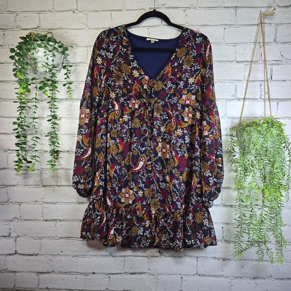 JODIFL NAVY WITH FLORAL AND PAISLEY PRINT, LINED, BISHOP SLEEVE VNECK RUFFLE SM - Picture 1 of 7